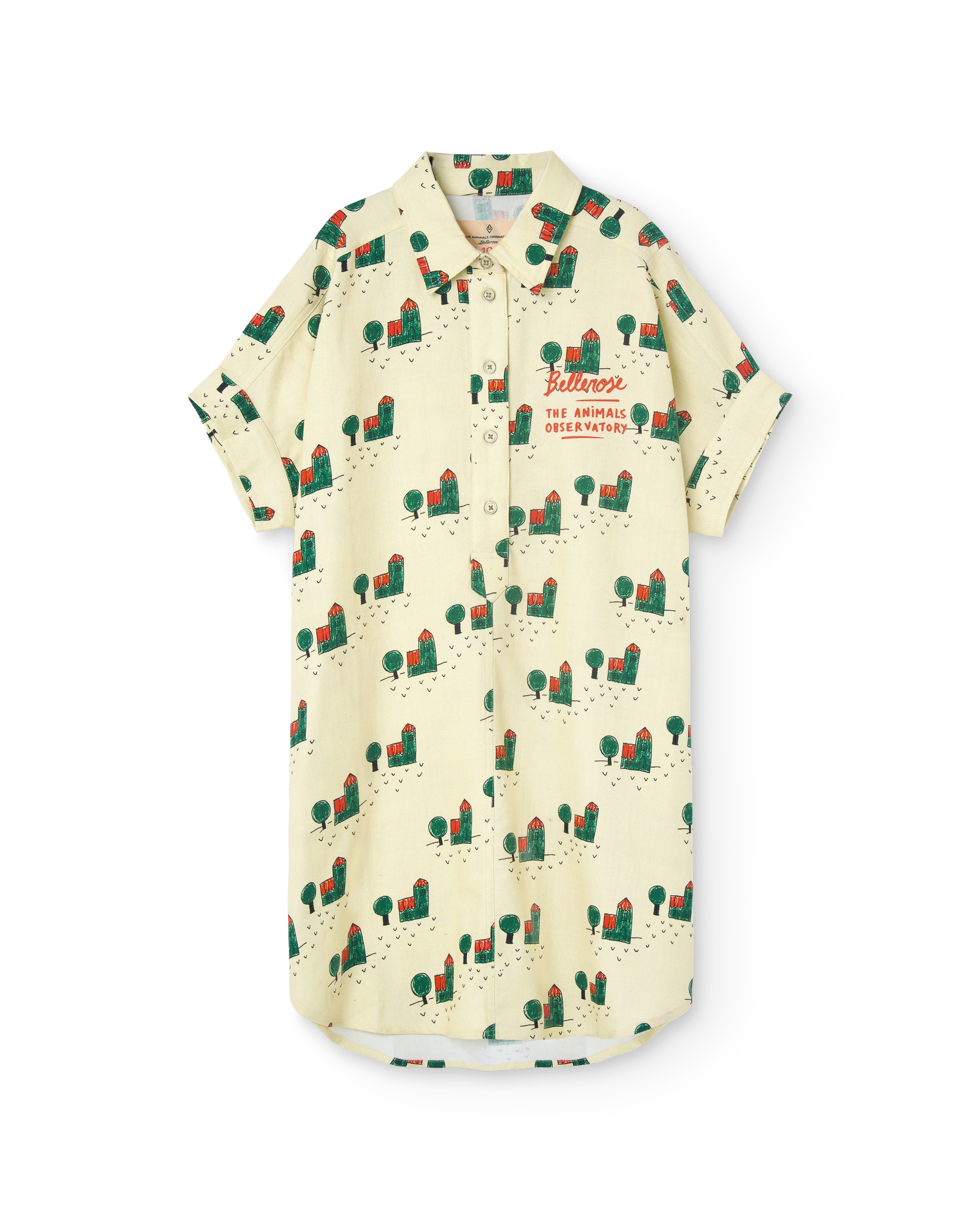 Bellerose X The Animals Observatory shirt dress with a house print all over.
