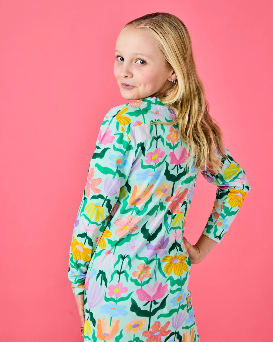 Kip & Co KIDS | Popping Flowers Green Kids Organic Cotton Long Sleeve Nightie