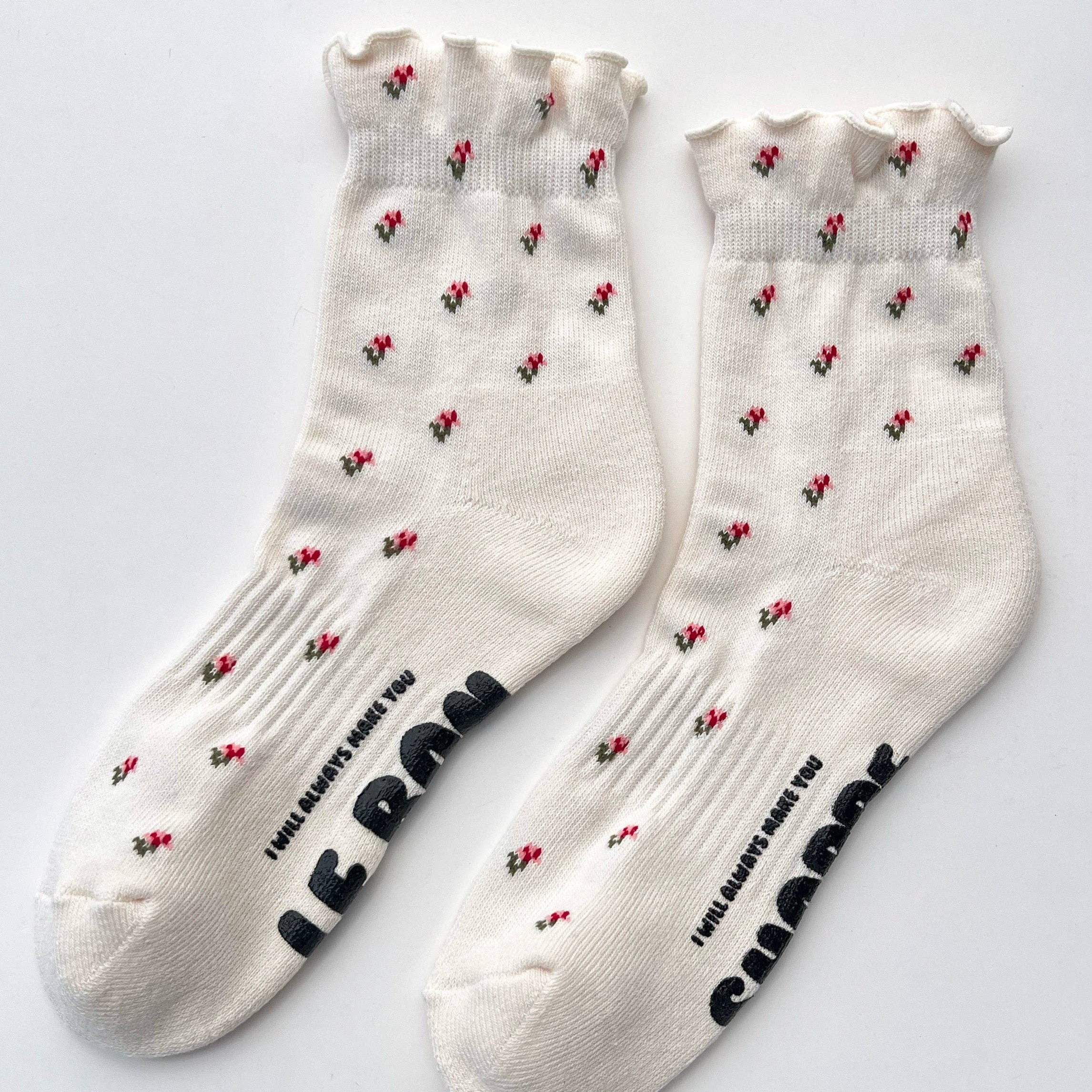 Le Bon Shoppe Cream Petal Hugger crew sock, made in South Korea