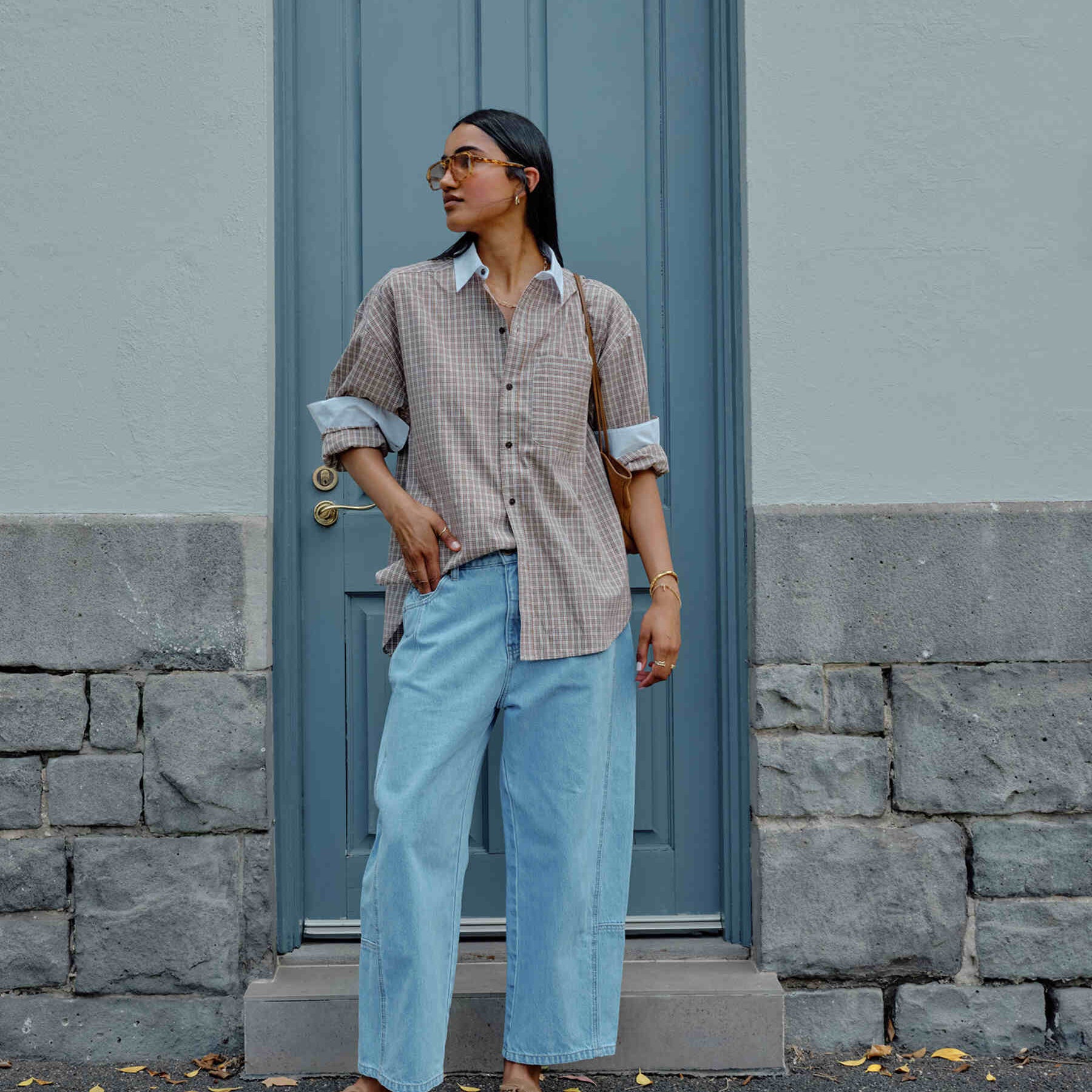 Ceres Life Peta Oversized Shirt in Toffee Check — drop shoulder and chest pocket detail
