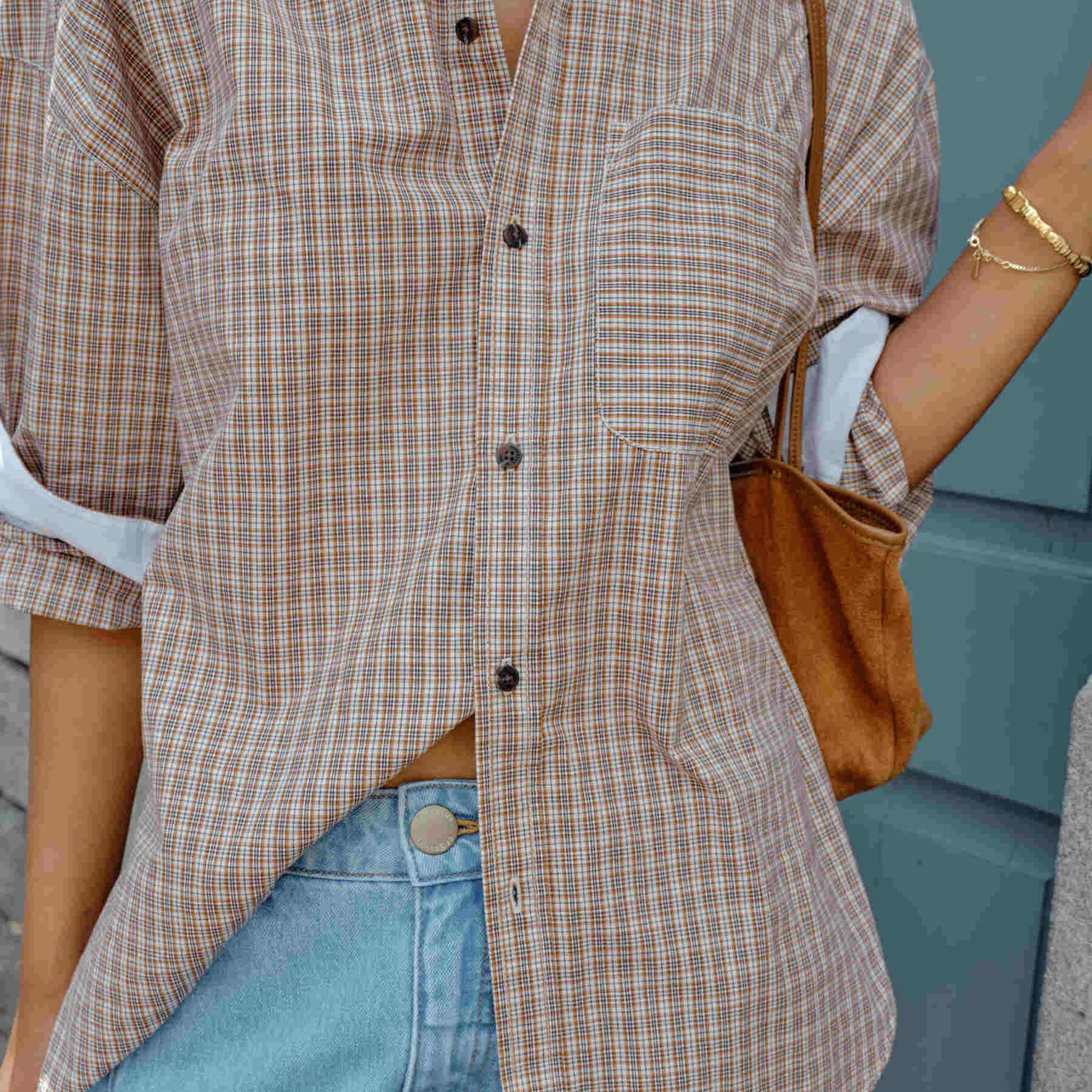Ceres Life Peta Oversized Shirt in Toffee Check — styled lifestyle shot