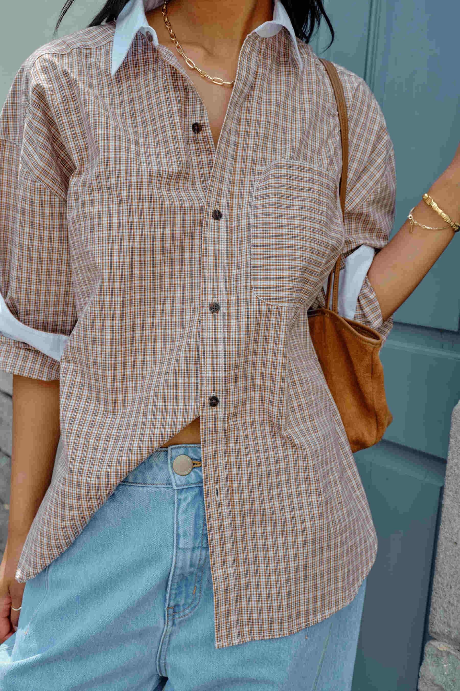 Ceres Life Peta Oversized Shirt in Toffee Check — styled lifestyle shot