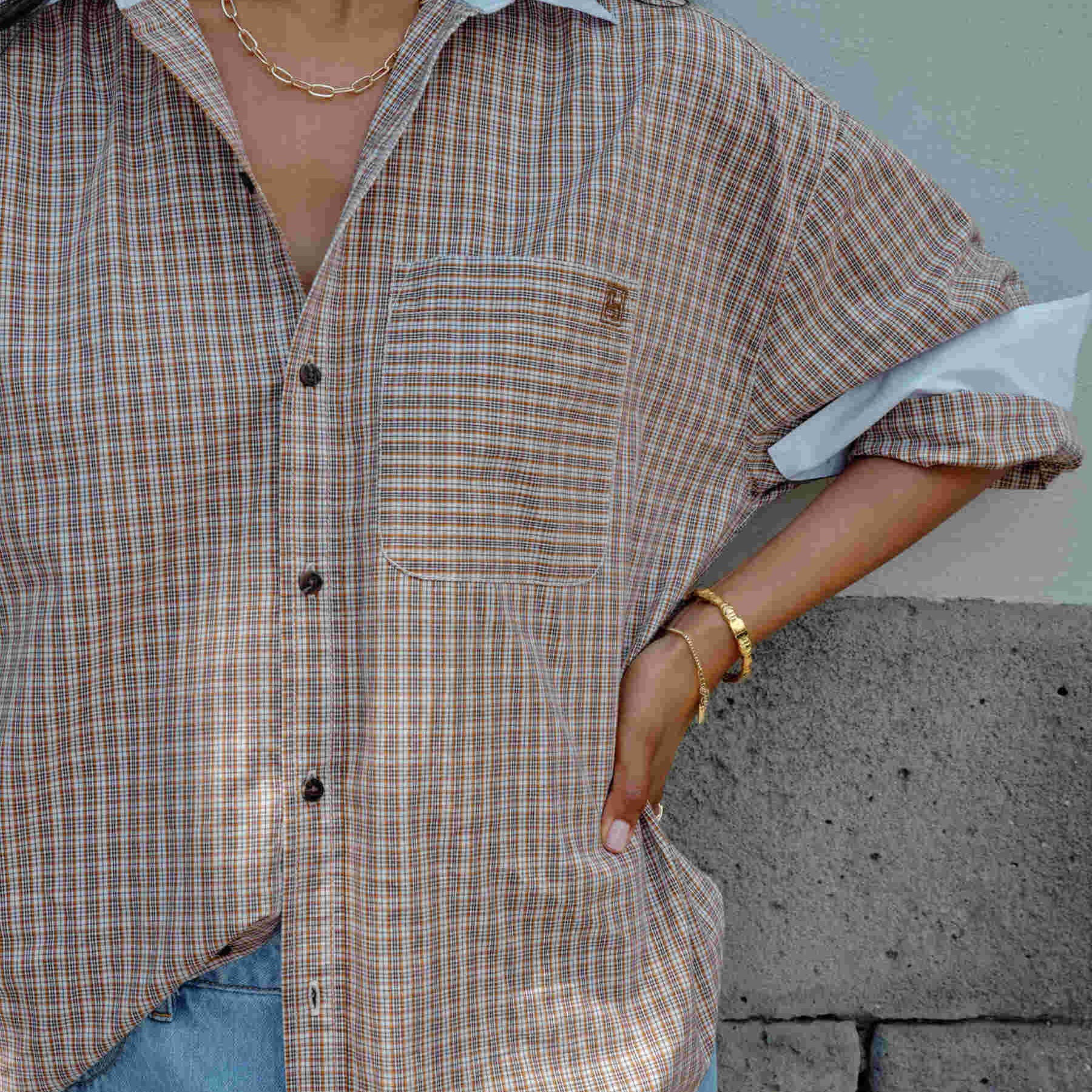 Ceres Life Peta Oversized Shirt in Toffee Check — front view flat lay