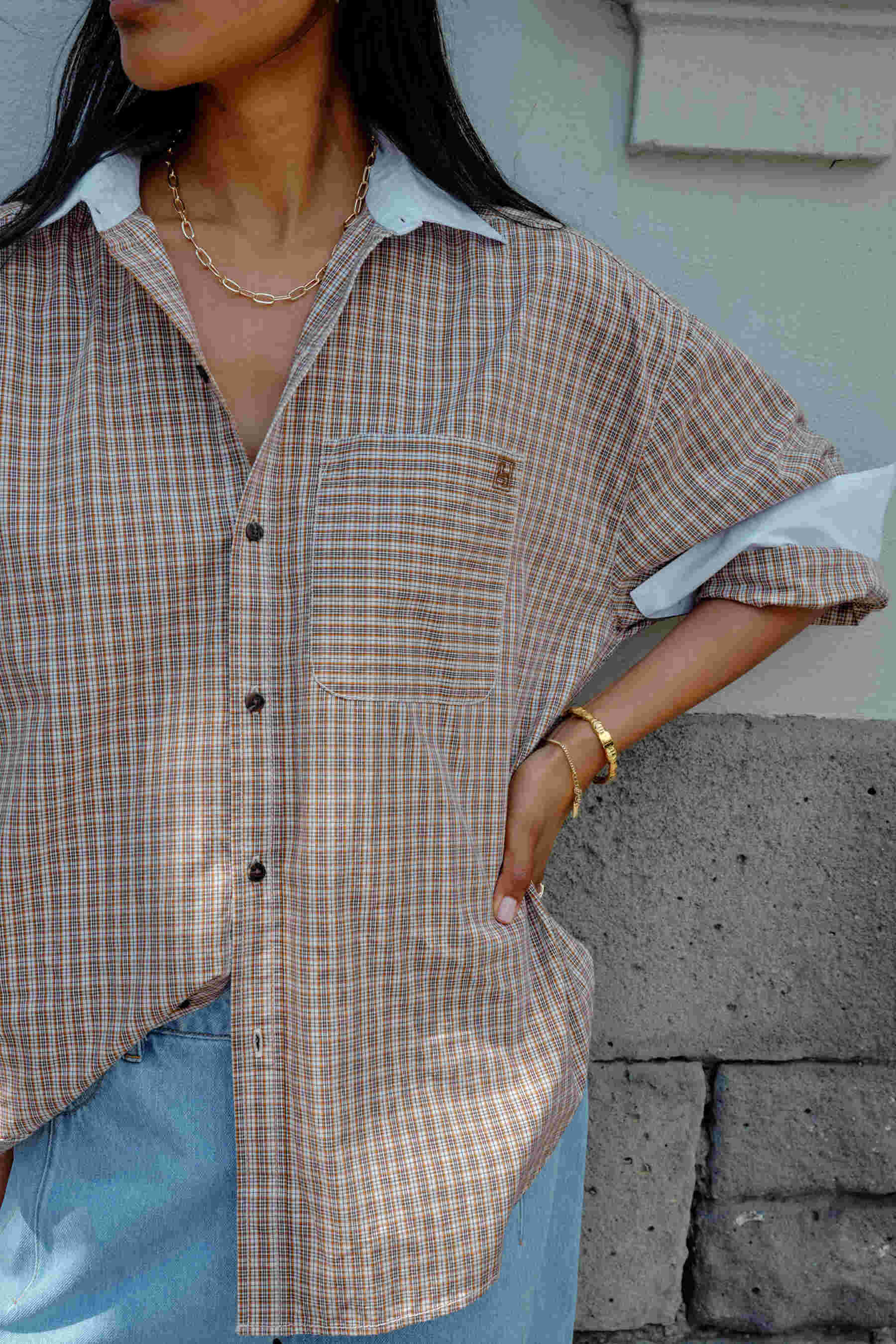Ceres Life Peta Oversized Shirt in Toffee Check — front view flat lay