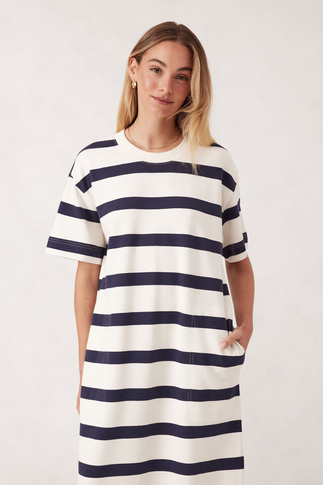 Ceres Life | Midi terry Dress- Navy Stripe