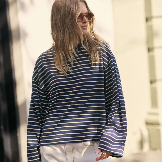 Ceres Life Beau Long Sleeve Slouchy Tee in Heritage Navy/Marshmallow Stripe — front view flat lay