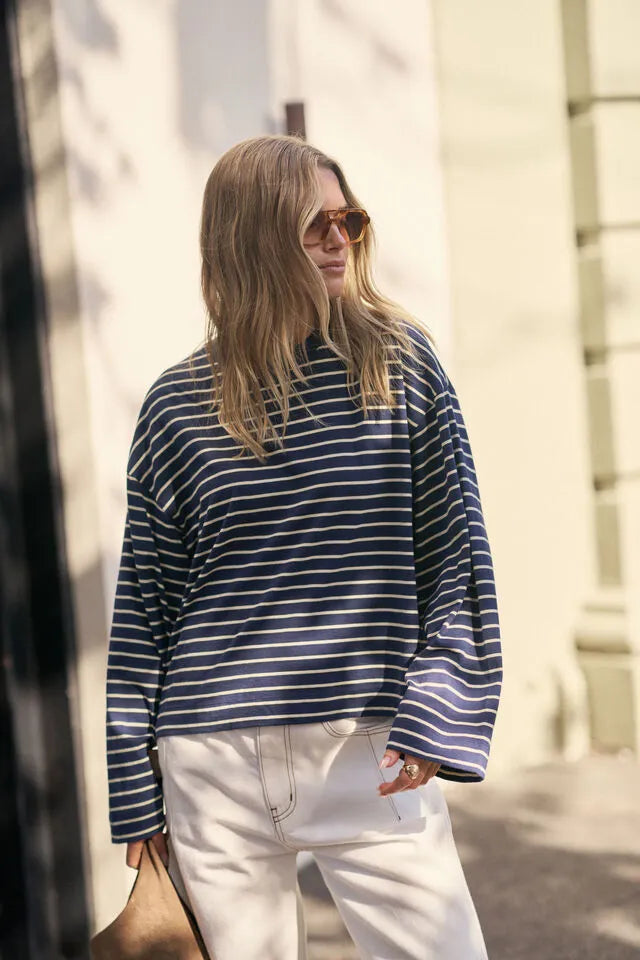 Ceres Life Beau Long Sleeve Slouchy Tee in Heritage Navy/Marshmallow Stripe — front view flat lay