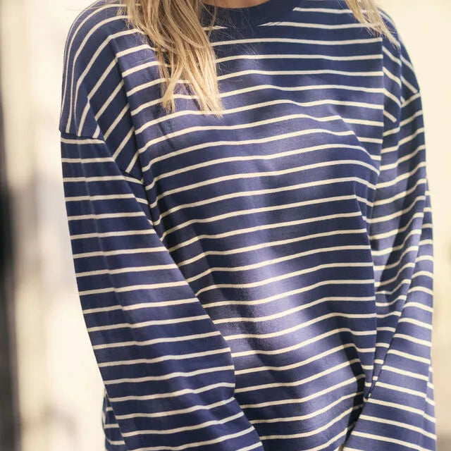 Ceres Life Beau Long Sleeve Slouchy Tee in Heritage Navy/Marshmallow Stripe — oversized fit detail