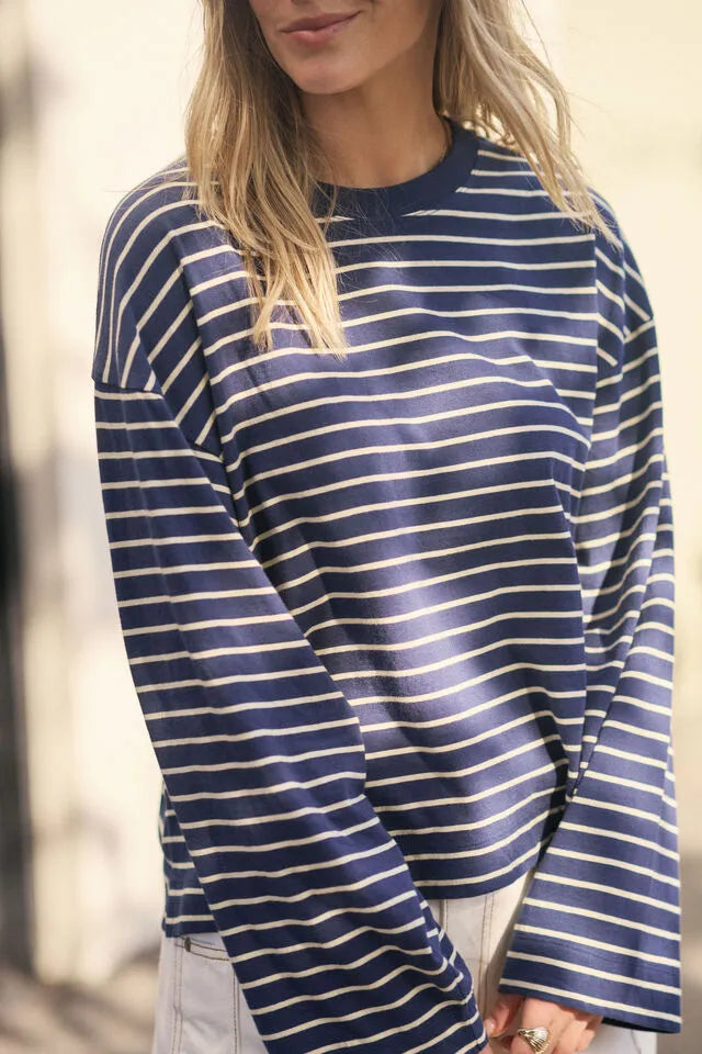 Ceres Life Beau Long Sleeve Slouchy Tee in Heritage Navy/Marshmallow Stripe — oversized fit detail