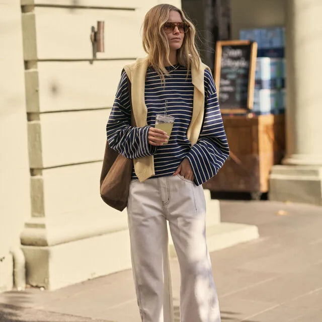 Ceres Life Beau Long Sleeve Slouchy Tee in Heritage Navy/Marshmallow Stripe — styled lifestyle shot