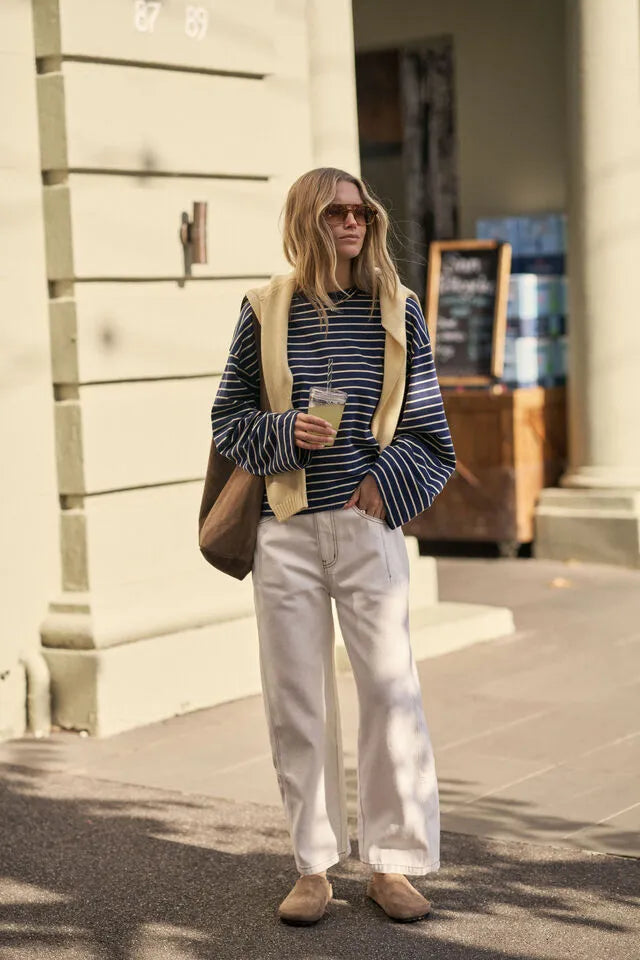 Ceres Life Beau Long Sleeve Slouchy Tee in Heritage Navy/Marshmallow Stripe — styled lifestyle shot
