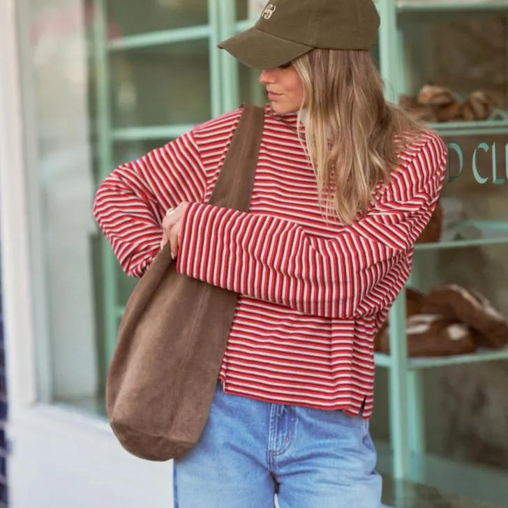 Ceres Life Beau Long Sleeve Slouchy Tee in Mulberry/Red/Stone Stripe — sleeve and cuff detail