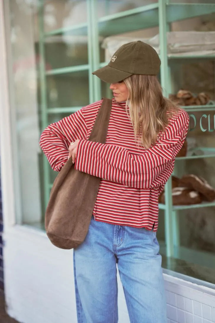 Ceres Life Beau Long Sleeve Slouchy Tee in Mulberry/Red/Stone Stripe — sleeve and cuff detail