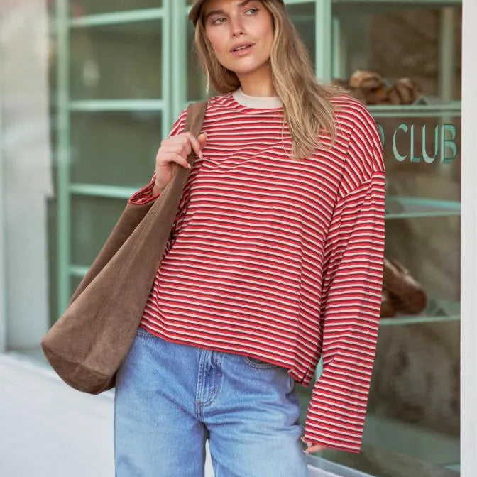 Ceres Life Beau Long Sleeve Slouchy Tee in Mulberry/Red/Stone Stripe — front view flat lay