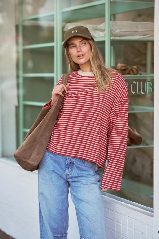Ceres Life Beau Long Sleeve Slouchy Tee in Mulberry/Red/Stone Stripe — front view flat lay
