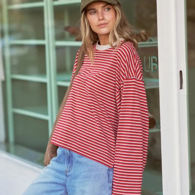 Ceres Life Beau Long Sleeve Slouchy Tee in Mulberry/Red/Stone Stripe — side view