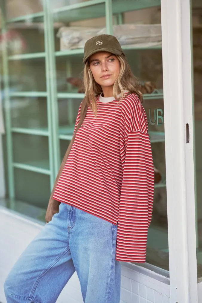Ceres Life Beau Long Sleeve Slouchy Tee in Mulberry/Red/Stone Stripe — side view