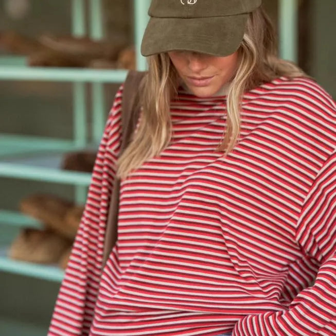 Ceres Life Beau Long Sleeve Slouchy Tee in Mulberry/Red/Stone Stripe — back view flat lay