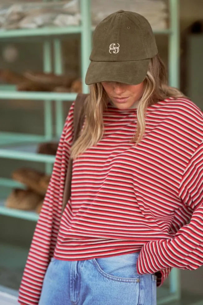 Ceres Life Beau Long Sleeve Slouchy Tee in Mulberry/Red/Stone Stripe — back view flat lay
