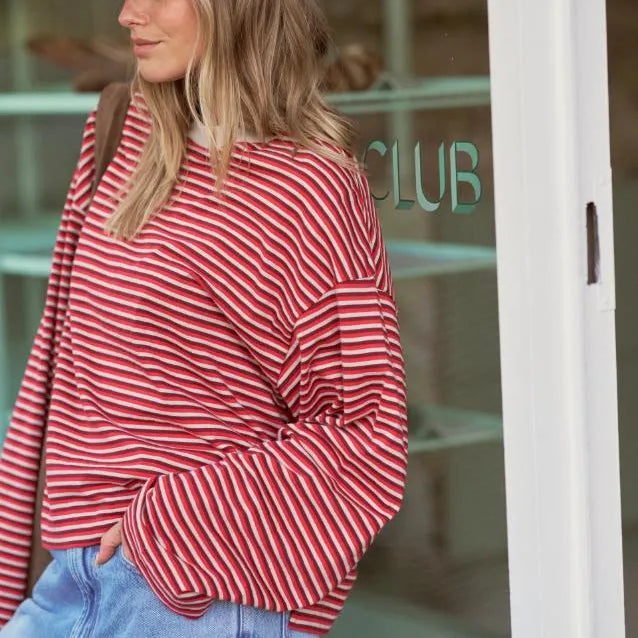 Ceres Life Beau Long Sleeve Slouchy Tee in Mulberry/Red/Stone Stripe — fabric close-up