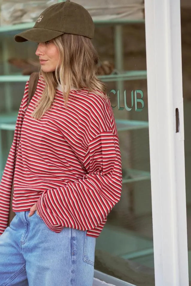 Ceres Life Beau Long Sleeve Slouchy Tee in Mulberry/Red/Stone Stripe — fabric close-up