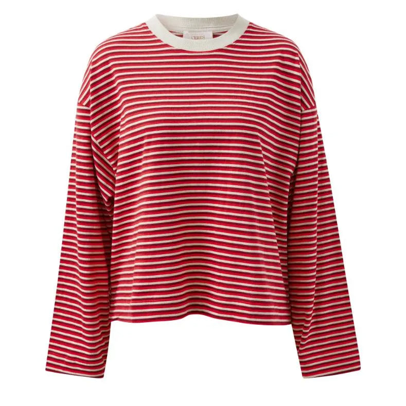 Ceres Life Beau Long Sleeve Slouchy Tee in Mulberry/Red/Stone Stripe — oversized fit detail