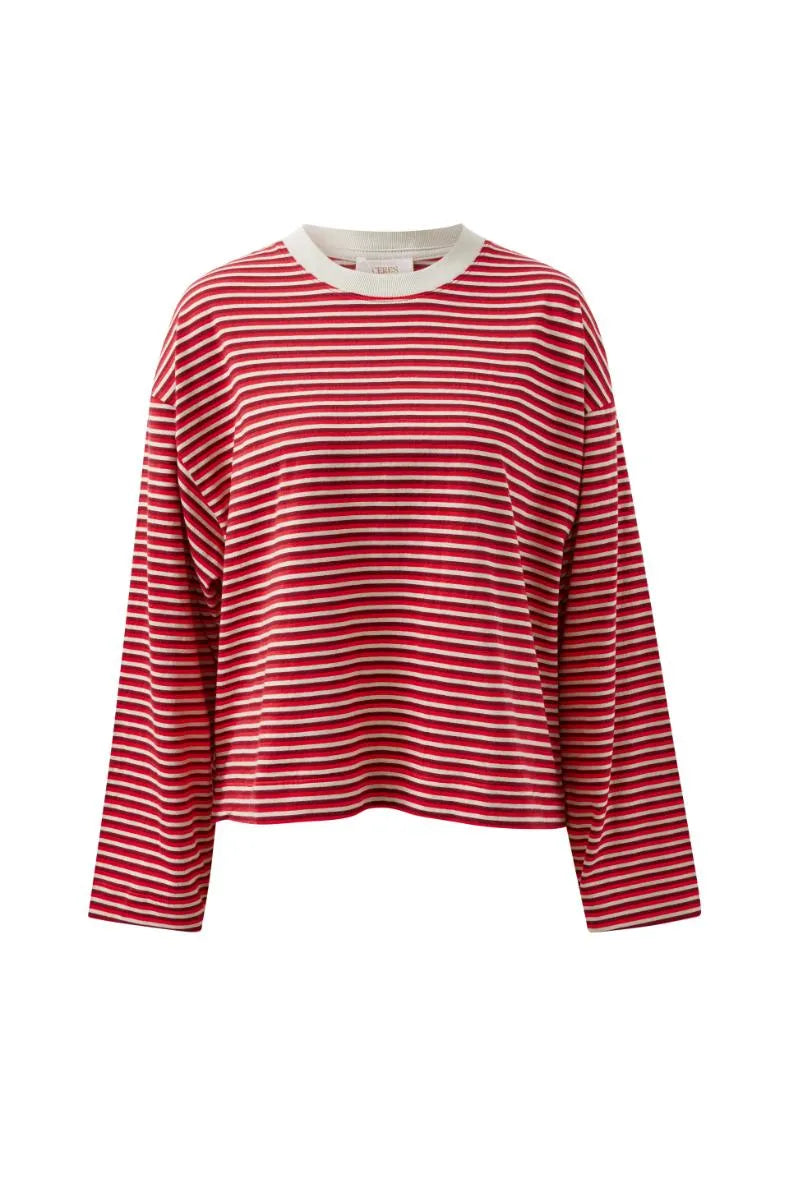 Ceres Life Beau Long Sleeve Slouchy Tee in Mulberry/Red/Stone Stripe — oversized fit detail