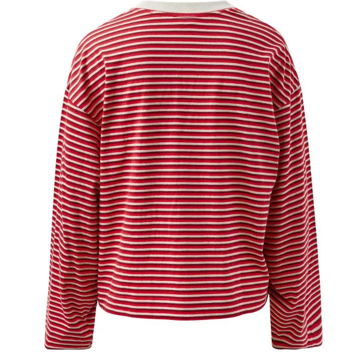 Ceres Life Beau Long Sleeve Slouchy Tee in Mulberry/Red/Stone Stripe — folded flat lay