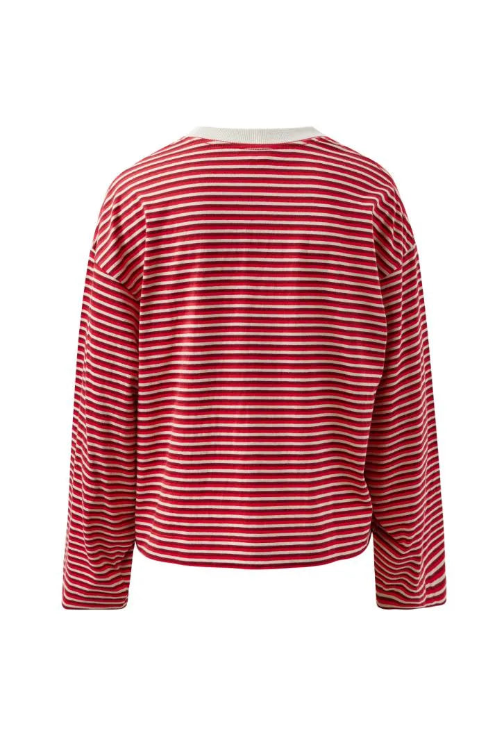 Ceres Life Beau Long Sleeve Slouchy Tee in Mulberry/Red/Stone Stripe — folded flat lay