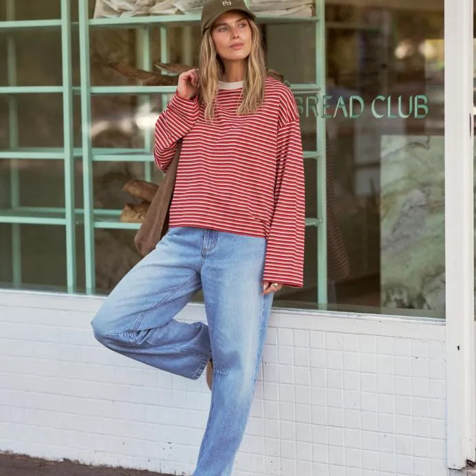 Ceres Life Beau Long Sleeve Slouchy Tee in Mulberry/Red/Stone Stripe — styled lifestyle shot