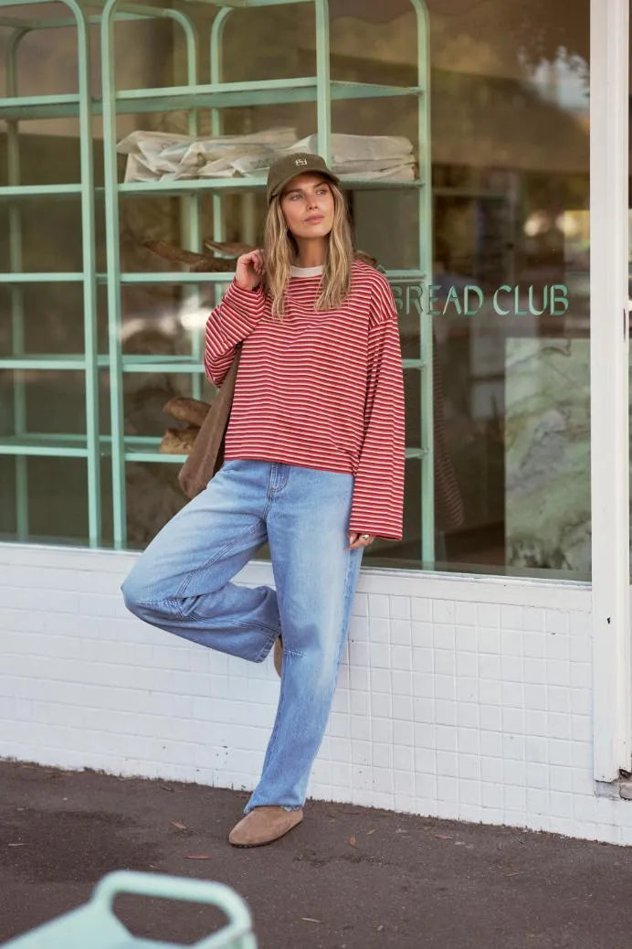 Ceres Life Beau Long Sleeve Slouchy Tee in Mulberry/Red/Stone Stripe — styled lifestyle shot