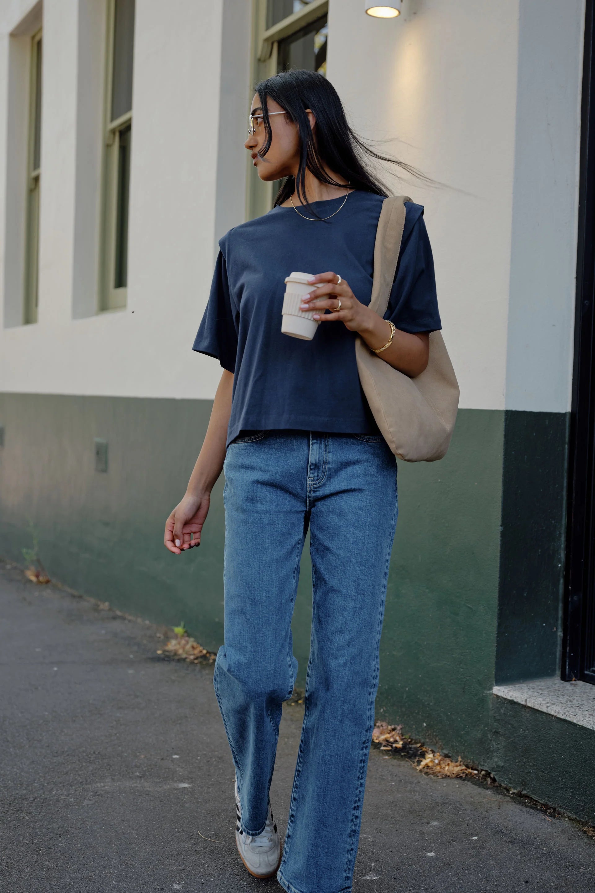 Ceres Life | Rainey Pleat Sleeve Tee- Navy