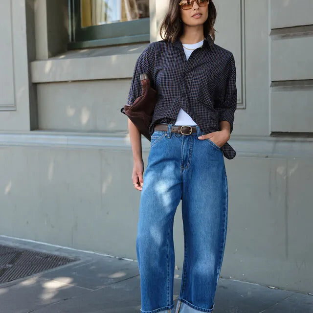 Ceres Life Frannie Cuffed Barrel Jean in Fresh Indigo — slouchy barrel silhouette detail