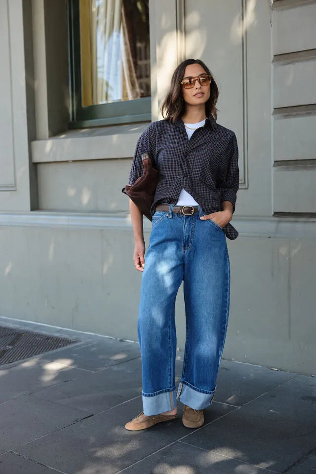 Ceres Life Frannie Cuffed Barrel Jean in Fresh Indigo — slouchy barrel silhouette detail
