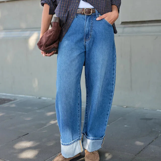 Ceres Life Frannie Cuffed Barrel Jean in Fresh Indigo — front view flat lay