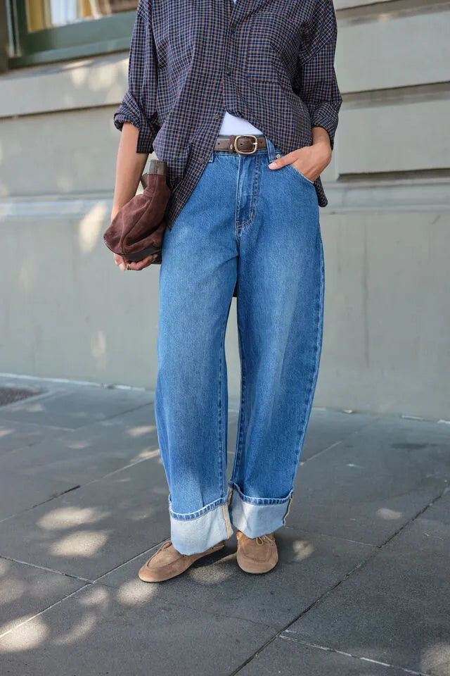 Ceres Life Frannie Cuffed Barrel Jean in Fresh Indigo — front view flat lay