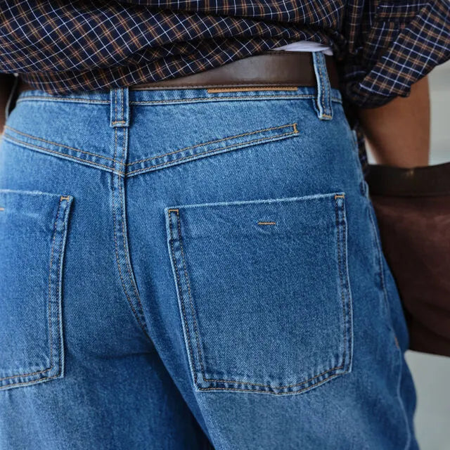 Ceres Life Frannie Cuffed Barrel Jean in Fresh Indigo — folded cuff and angled pocket detail