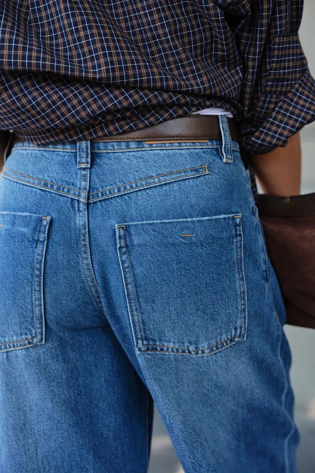 Ceres Life Frannie Cuffed Barrel Jean in Fresh Indigo — folded cuff and angled pocket detail