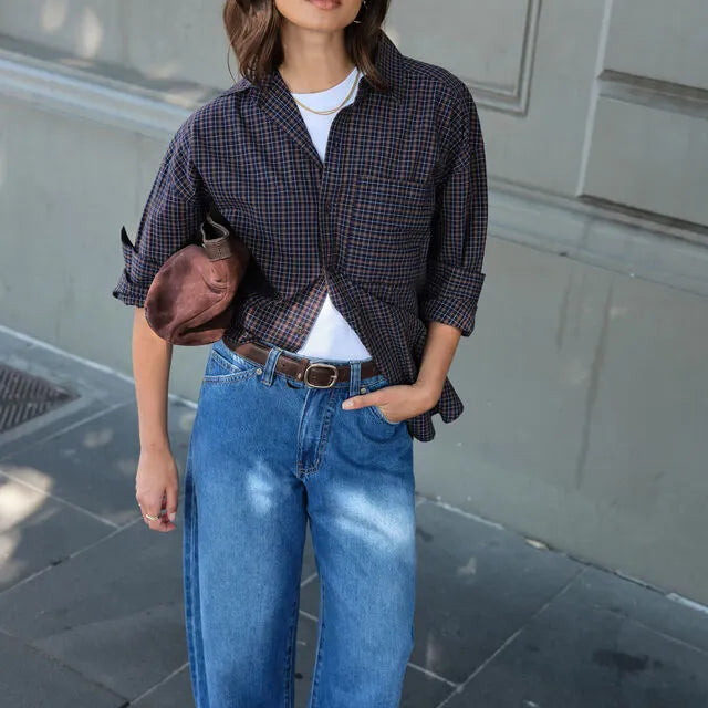 Ceres Life Frannie Cuffed Barrel Jean in Fresh Indigo — styled lifestyle shot