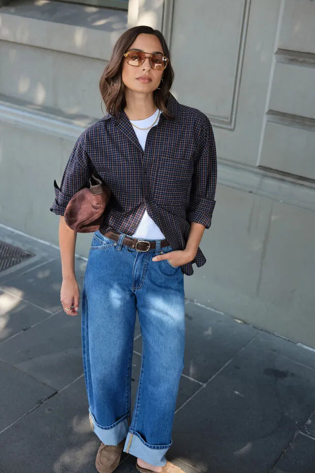Ceres Life Frannie Cuffed Barrel Jean in Fresh Indigo — styled lifestyle shot