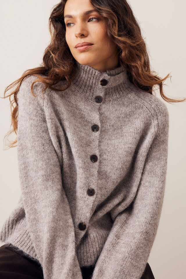 Ceres Life | Riley Funnel Neck Tab Cardi- taupe marle