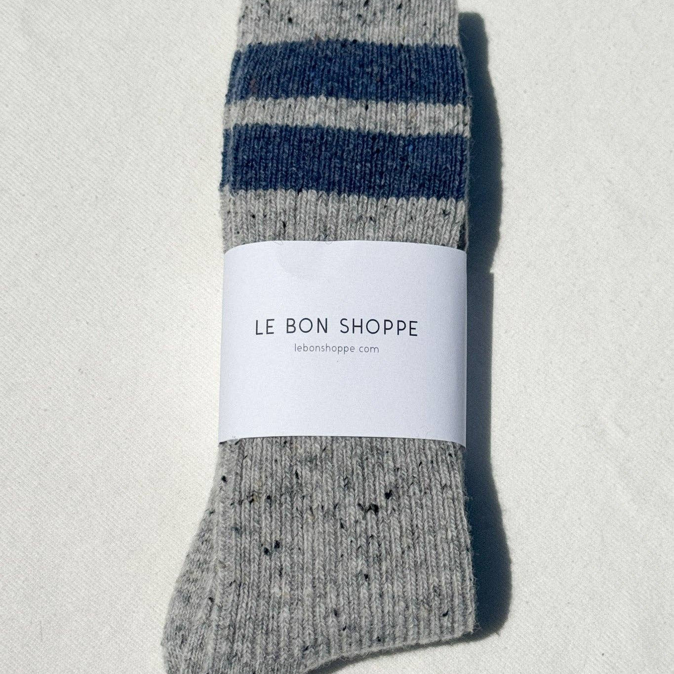 Le Bon Shoppe Snow Varsity Socks in Grey/Blue, speckled wool-blend calf sock