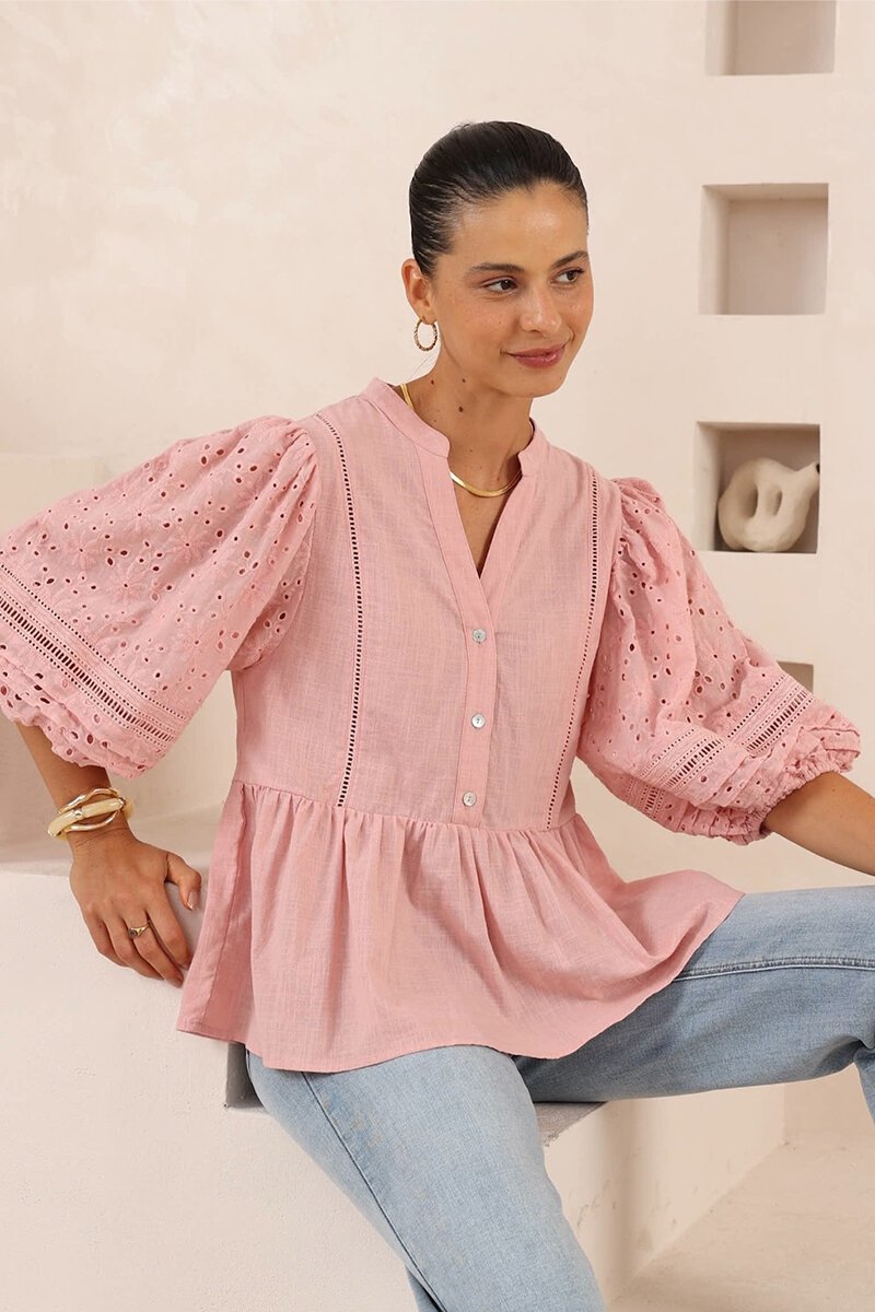 Iris Maxi | Pink Broderie Anglaise sleeve top