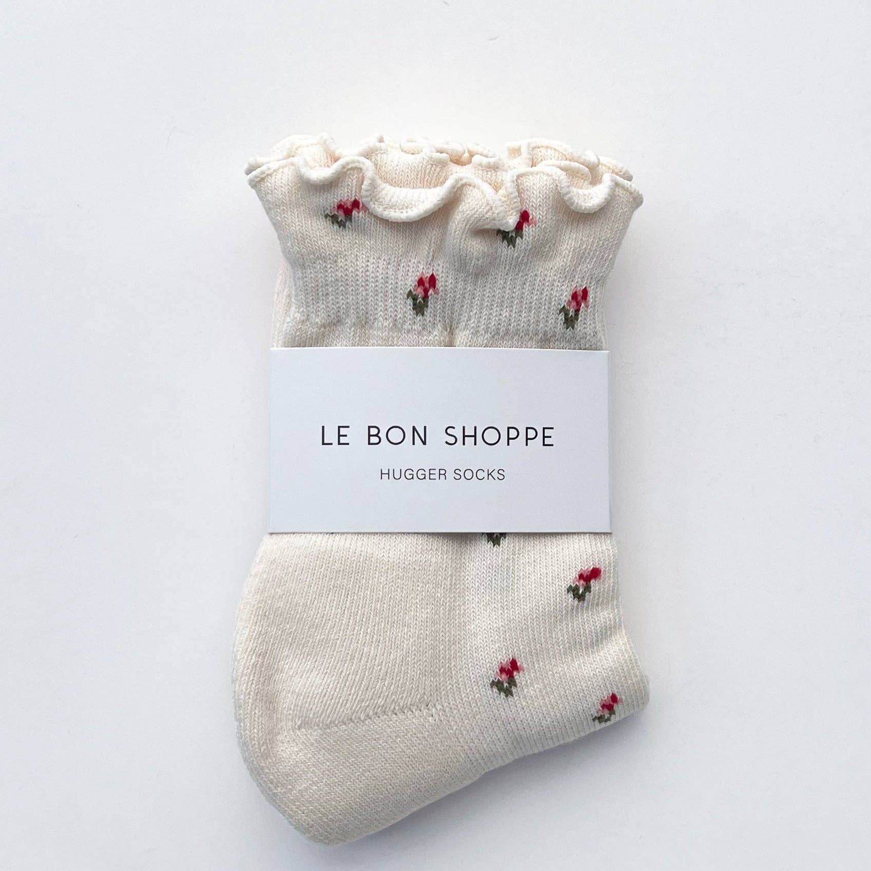 Le Bon Shoppe Petal Ruffled Hugger Crew Socks in Cream Petal, ruffled ankle crew sock with silicone grip sole
