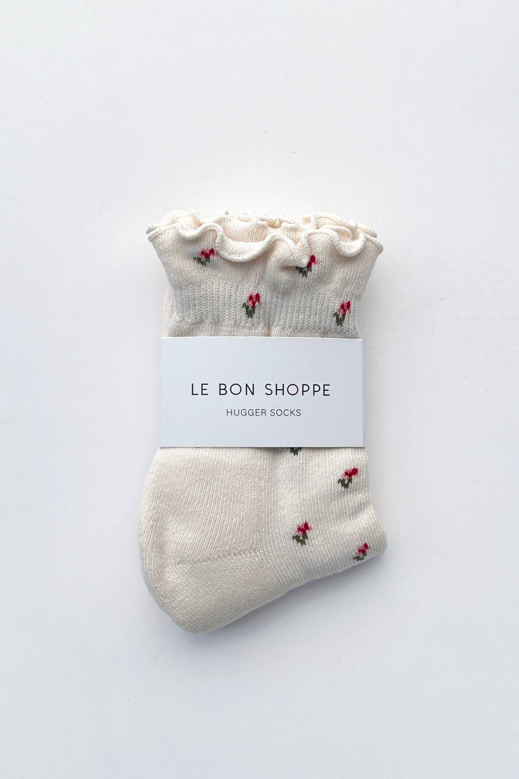 Le Bon Shoppe Petal Ruffled Hugger Crew Socks in Cream Petal, ruffled ankle crew sock with silicone grip sole