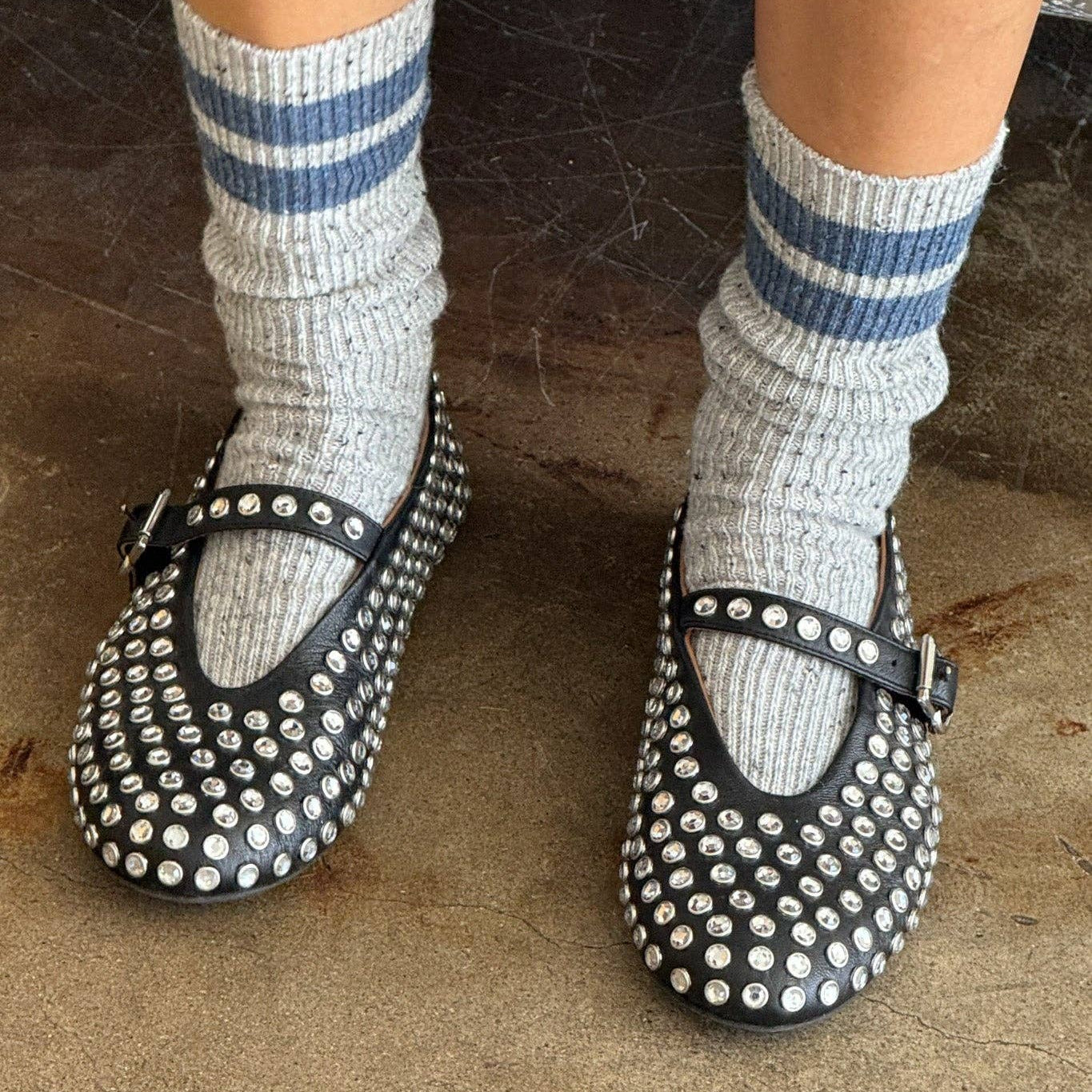Le Bon Shoppe Snow Varsity Socks styled with boots for winter