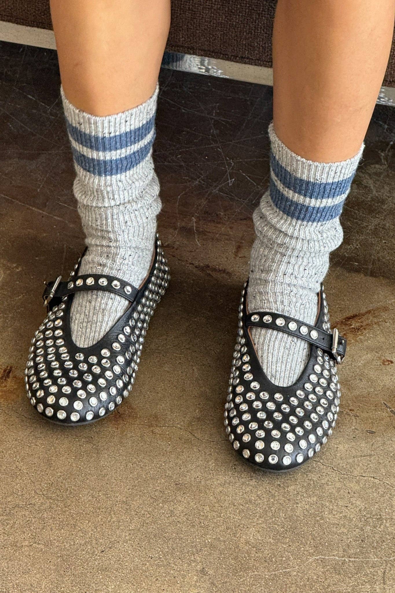 Le Bon Shoppe Snow Varsity Socks styled with boots for winter