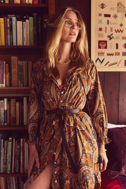 Bohemian Traders | Paisley Ruffle Maxi Dress- Navy