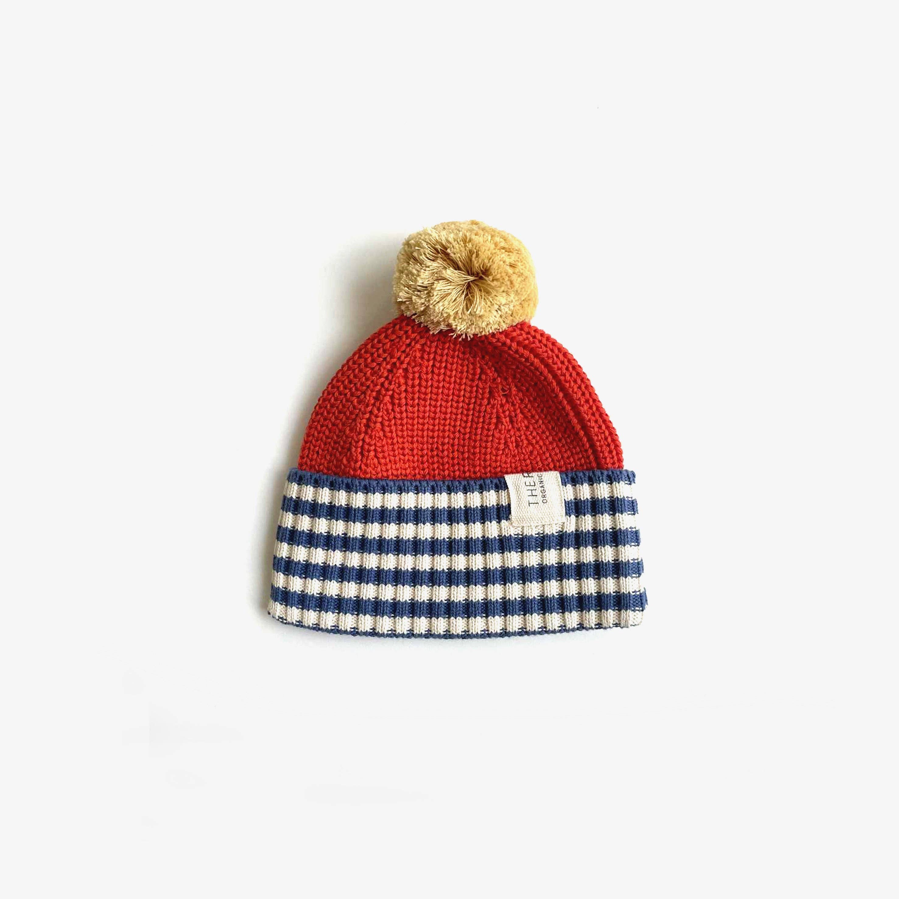 The Rest Organic Cotton Chunky Colour Block Beanie in Navy Stripe — front view flat lay