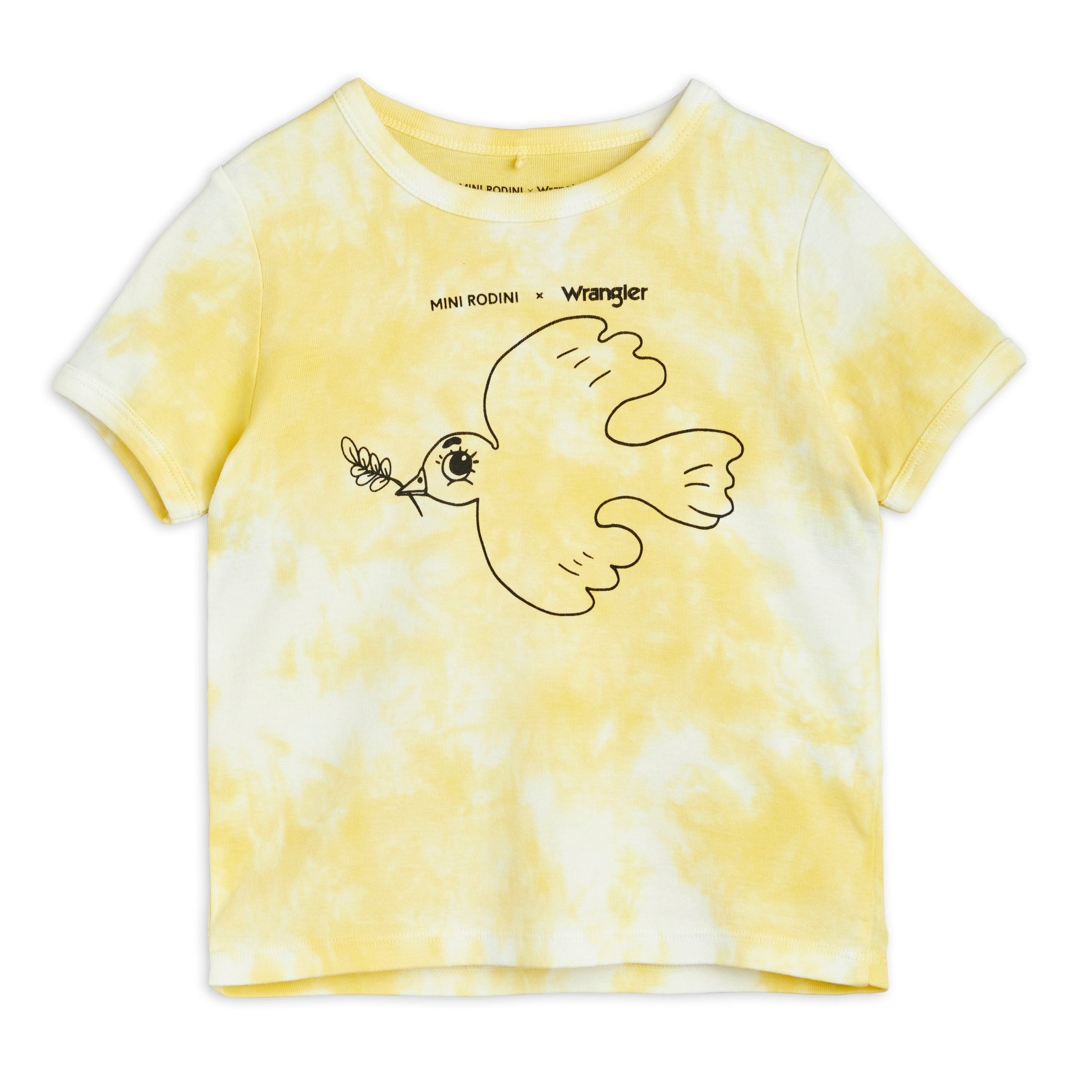 Mini Rodini Wrangler yellow tie dye t shirt with dove print on front.